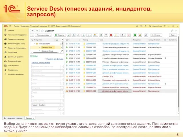 Service Desk (список заданий, инцидентов, запросов) Выбор исполнителя позволяет точно