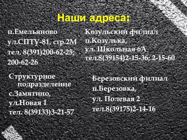 Наши адреса: Структурное подразделение с.Замятино, ул.Новая 1 тел. 8(39133)3-21-57 Козульский