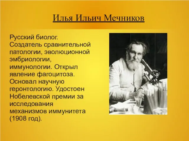 Илья Ильич Мечников Русский биолог. Создатель сравнительной патологии, эволюционной эмбриологии,