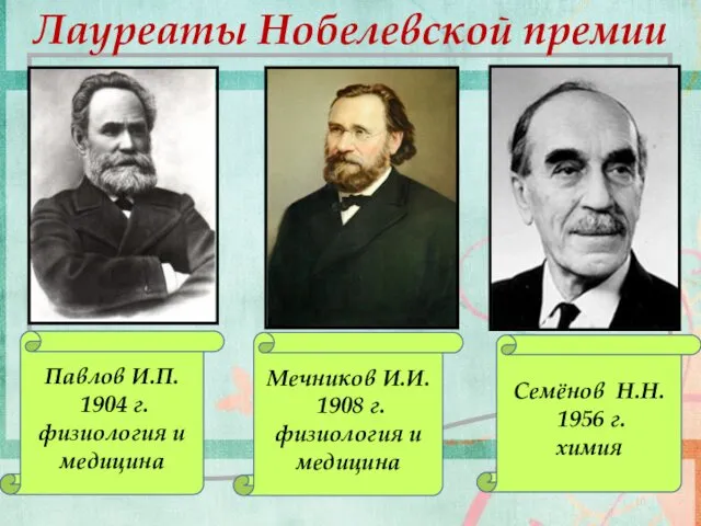 Лауреаты Нобелевской премии Павлов И.П. 1904 г. физиология и медицина Мечников И.И. 1908