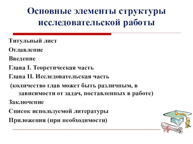 Основные элементы структуры исследовательской работы Титульный лист Оглавление Введение Глава