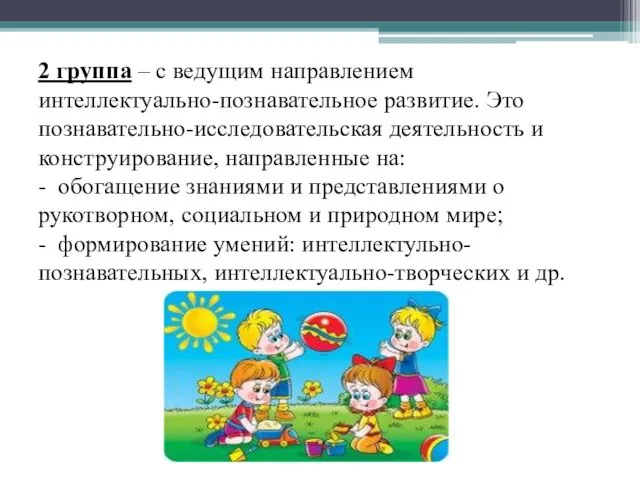 2 группа – с ведущим направлением интеллектуально-познавательное развитие. Это познавательно-исследовательская