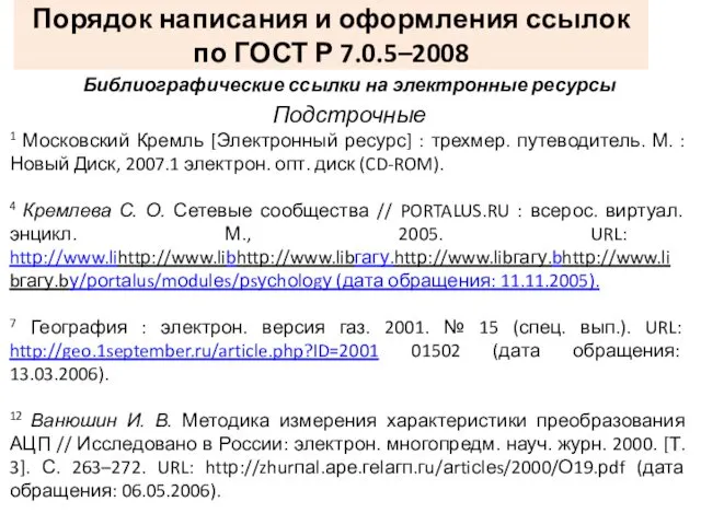 Порядок написания и оформления ссылок по ГОСТ Р 7.0.5–2008 Библиографические