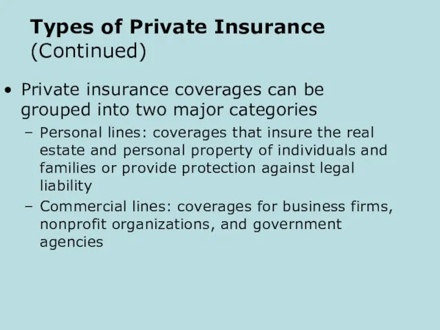 Types of Private Insurance (Continued) Private insurance coverages can be grouped into two