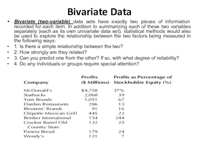 Bivariate Data Bivariate (two-variable) data sets have exactly two pieces