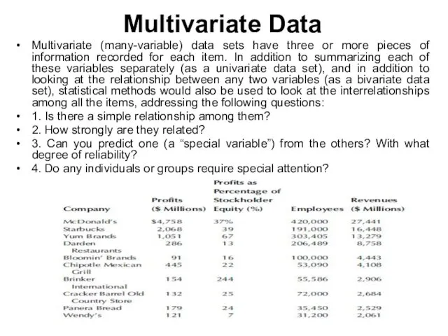 Multivariate Data Multivariate (many-variable) data sets have three or more