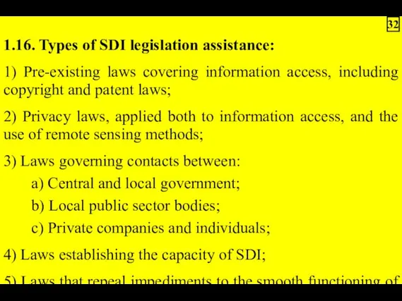 1.16. Types of SDI legislation assistance: 1) Pre-existing laws covering