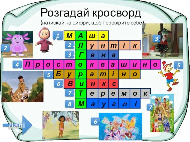 Розгадай кросворд (натискай на цифри, щоб перевірите себе) 2 3 5 6 7 Далі