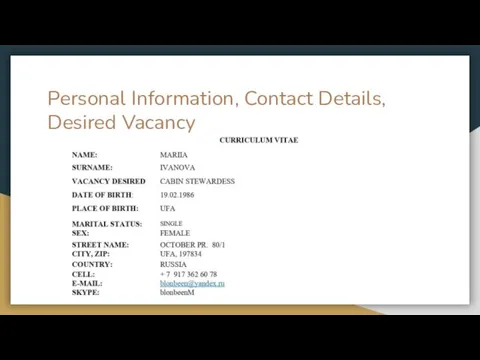 Personal Information, Contact Details, Desired Vacancy