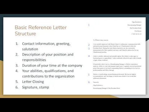 Basic Reference Letter Structure Contact Information, greeting, salutation Description of