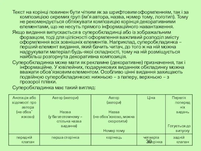 Текст на корінці повинен бути чітким як за шрифтовим оформленням,