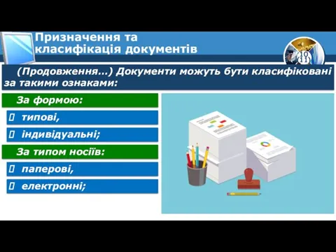 Призначення та класифікація документів (Продовження…) Документи можуть бути класифіковані за