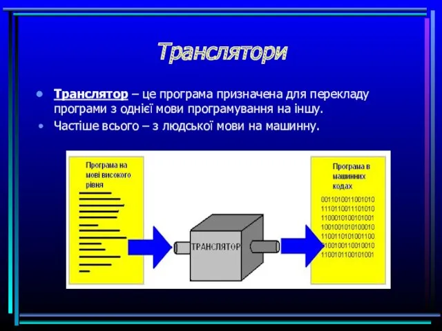 Транслятори Транслятор – це програма призначена для перекладу програми з