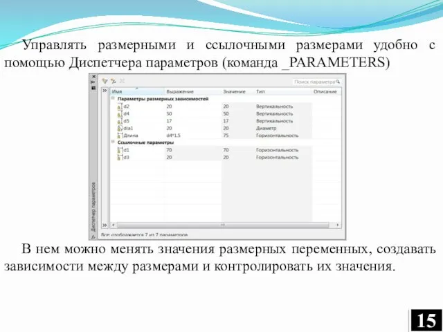 Управлять размерными и ссылочными размерами удобно с помощью Диспетчера параметров