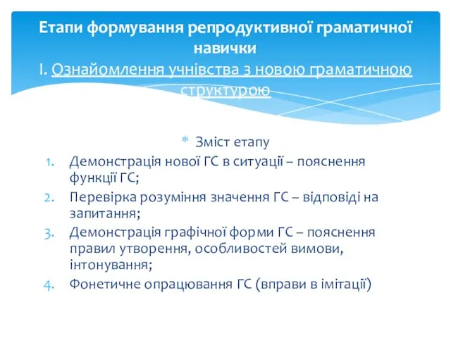 Зміст етапу Демонстрація нової ГС в ситуації – пояснення функції