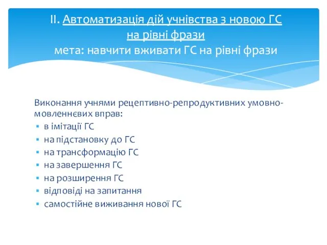 Виконання учнями рецептивно-репродуктивних умовно-мовленнєвих вправ: в імітації ГС на підстановку