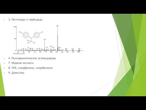 3. Пестициды и гербициды 4. Полиароматические углеводороды 7. Жирные кислоты 8. ПХБ, хлорфенолы, хлорбензолы 9. Диоксины