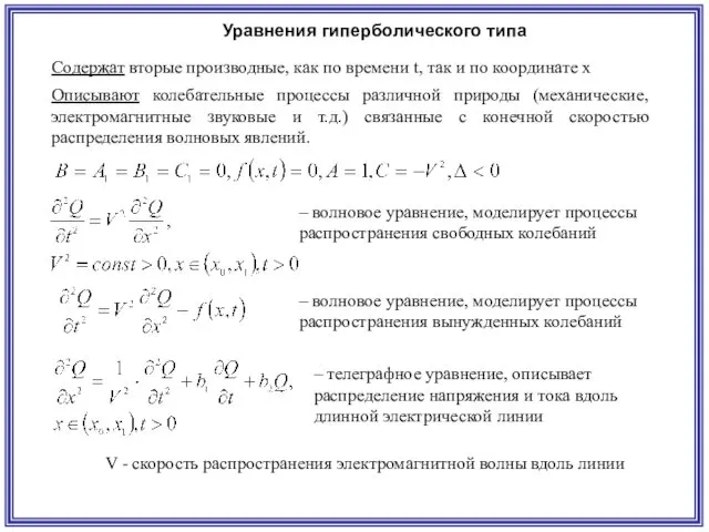 Уравнения гиперболического типа Содержат вторые производные, как по времени t,