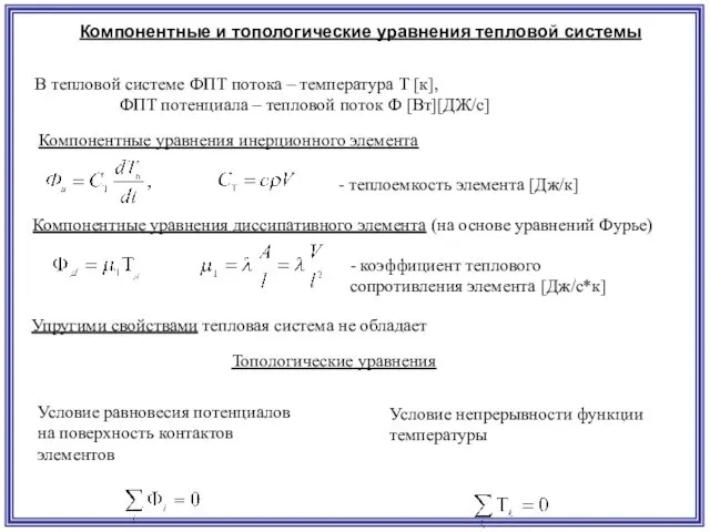 Компонентные и топологические уравнения тепловой системы В тепловой системе ФПТ