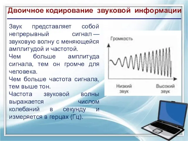 Двоичное кодирование звуковой информации Звук представляет собой непрерывный сигнал — звуковую волну с