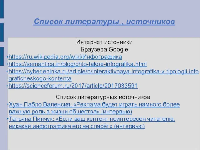 Список литературы , источников Интернет источники Браузера Google https://ru.wikipedia.org/wiki/Инфографика https://semantica.in/blog/chto-takoe-infografika.html