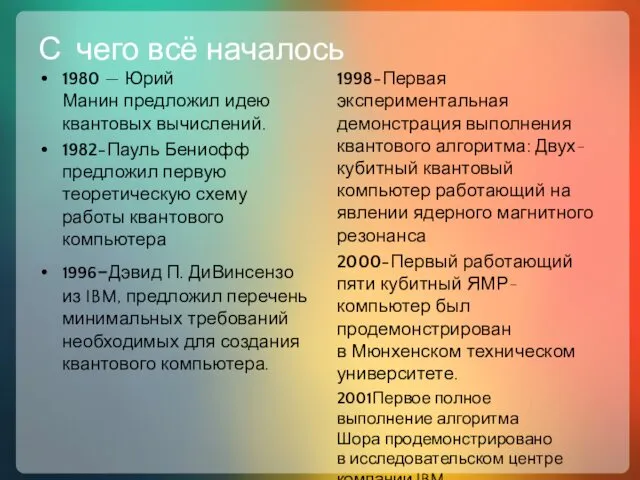 С чего всё началось 1998-Первая экспериментальная демонстрация выполнения квантового алгоритма: