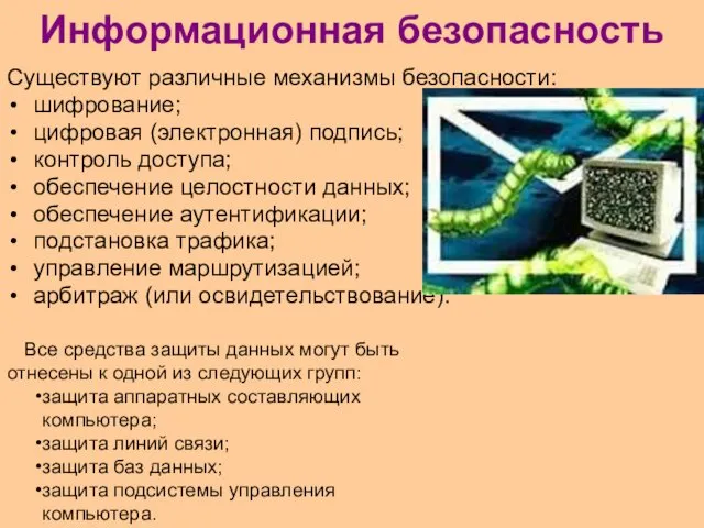 Информационная безопасность Существуют различные механизмы безопасности: шифрование; цифровая (электронная) подпись;