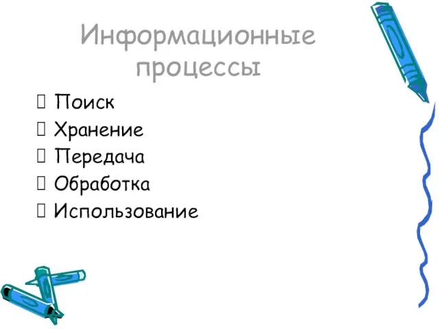 Информационные процессы Поиск Хранение Передача Обработка Использование