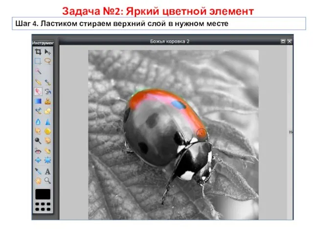 Задача №2: Яркий цветной элемент Шаг 4. Ластиком стираем верхний слой в нужном месте