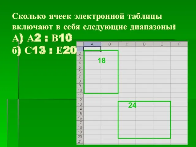 Сколько ячеек электронной таблицы включают в себя следующие диапазоны: А)