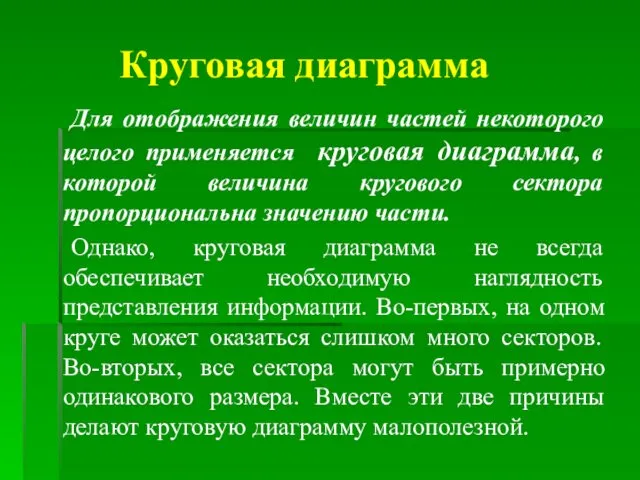 Круговая диаграмма Для отображения величин частей некоторого целого применяется круговая