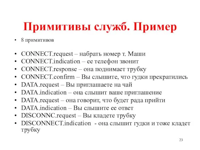 Примитивы служб. Пример 8 примитивов CONNECT.request – набрать номер т.