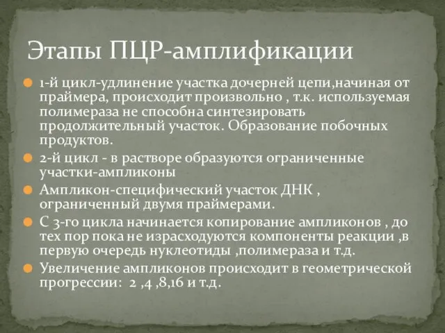 1-й цикл-удлинение участка дочерней цепи,начиная от праймера, происходит произвольно ,