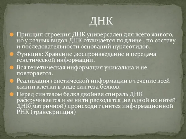 Принцип строения ДНК универсален для всего живого, но у разных видов ДНК отличается