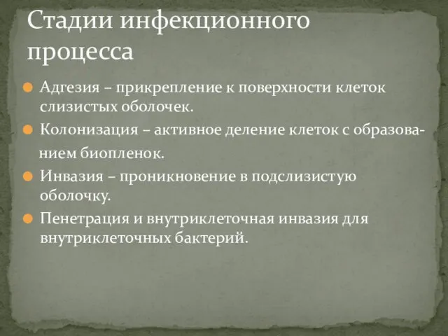 Адгезия – прикрепление к поверхности клеток слизистых оболочек. Колонизация –