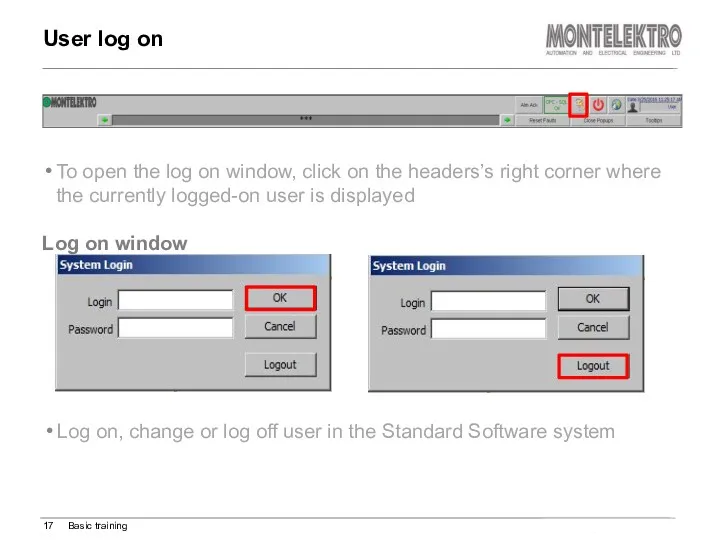 Log on, change or log off user in the Standard
