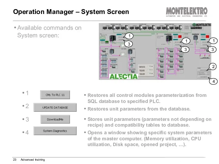 Available commands on System screen: Operation Manager – System Screen