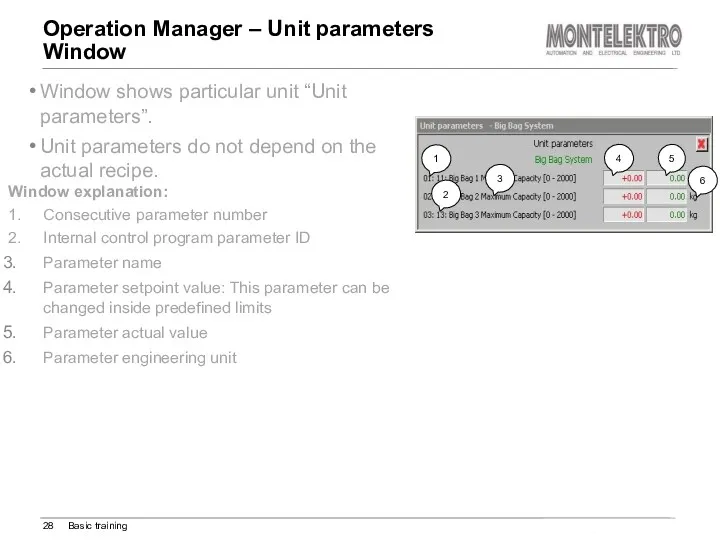 Operation Manager – Unit parameters Window Basic training Window shows