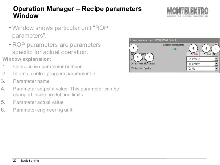 Operation Manager – Recipe parameters Window Basic training Window shows