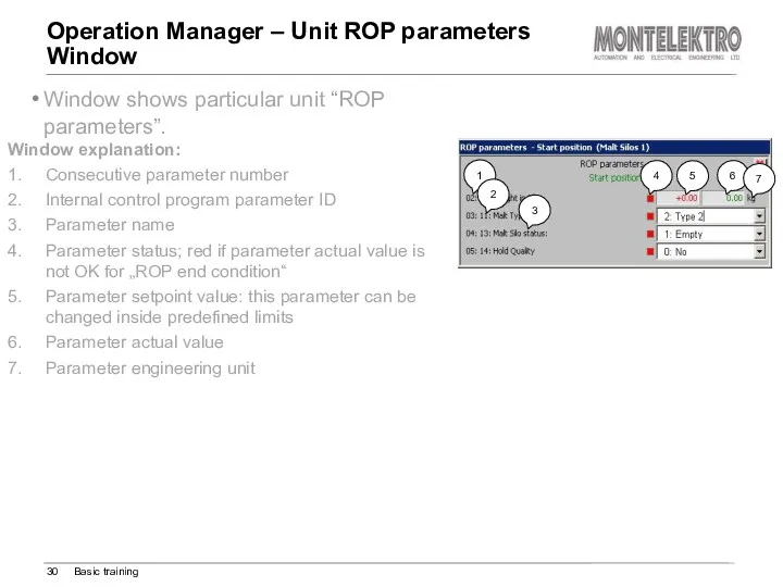 Operation Manager – Unit ROP parameters Window Basic training Window