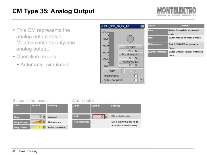 This CM represents the analog output value. Module contains only