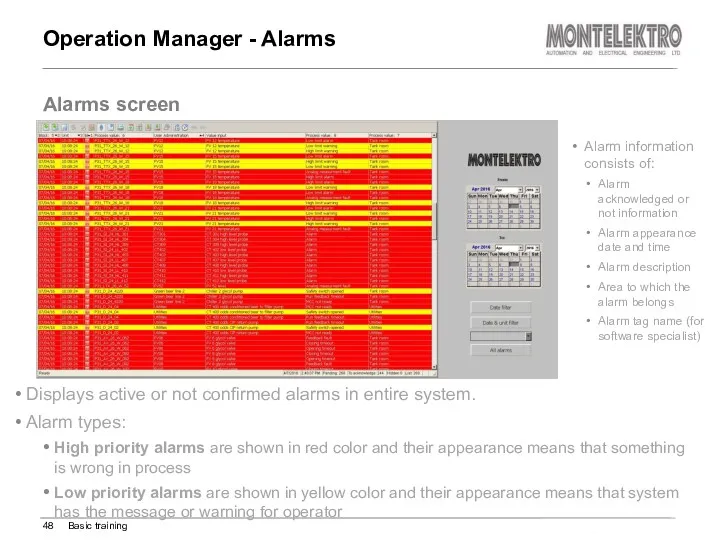 Operation Manager - Alarms Displays active or not confirmed alarms