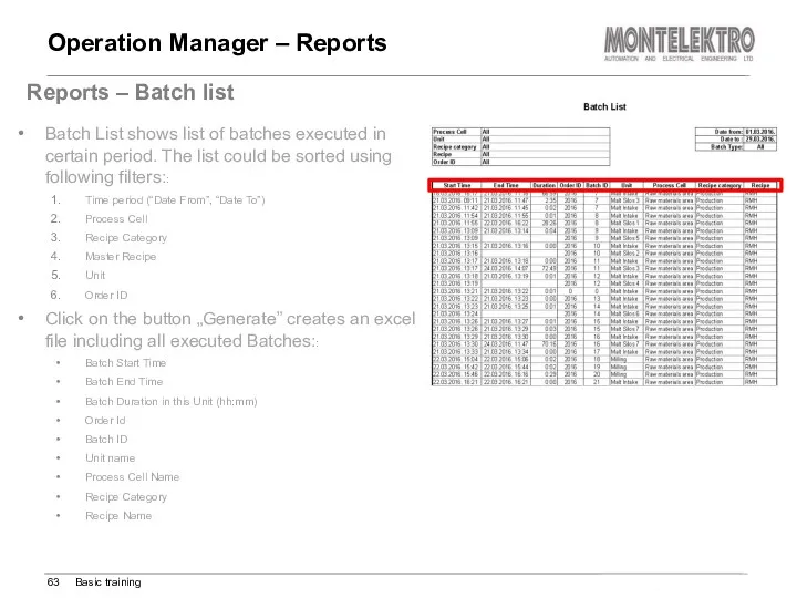 Operation Manager – Reports Basic training Reports – Batch list