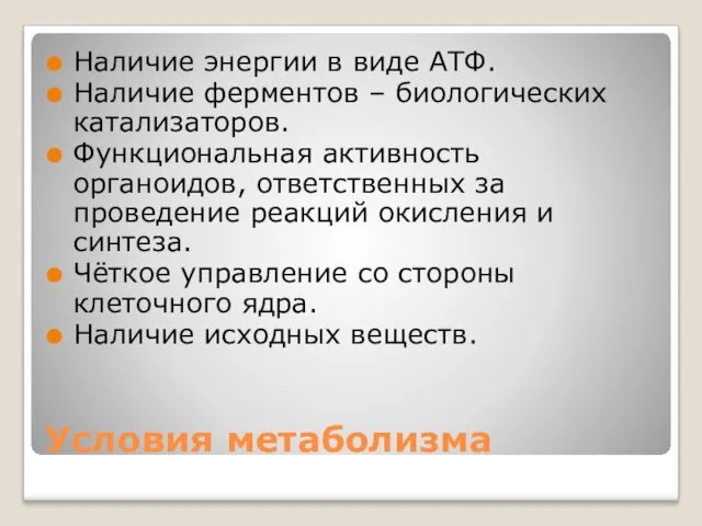 Условия метаболизма Наличие энергии в виде АТФ. Наличие ферментов –