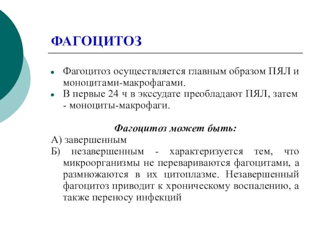 ФАГОЦИТОЗ Фагоцитоз осуществляется главным образом ПЯЛ и моноцитами-макрофагами. В первые