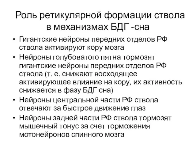 Гигантские нейроны передних отделов РФ ствола активируют кору мозга Нейроны