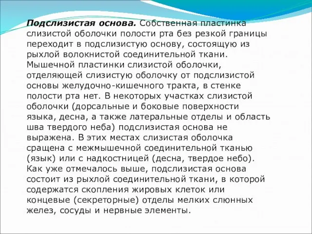 Подслизистая основа. Собственная пластинка слизистой оболочки полости рта без резкой