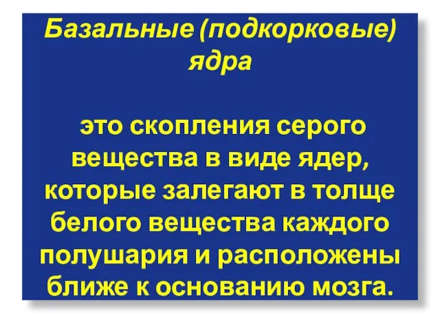 Базальные (подкорковые) ядра это скопления серого вещества в виде ядер,