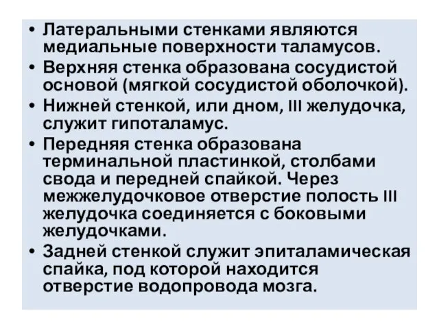 Латеральными стенками являются медиальные поверхности таламусов. Верхняя стенка образована сосудистой