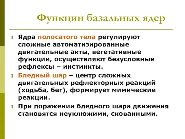 Функции базальных ядер Ядра полосатого тела регулируют сложные автоматизированные двигательные